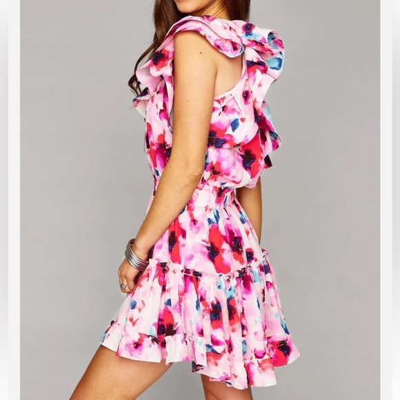Buddy Love Sofia One Shoulder Ruffle Cocktail Dress Mini-Circus Pink Blue Small - Picture 3 of 13